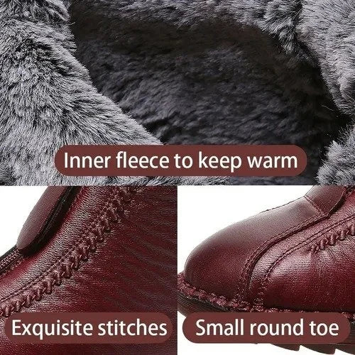 Close-up of a brown leather shoe with inner fleece, stitching details, and round toe design.