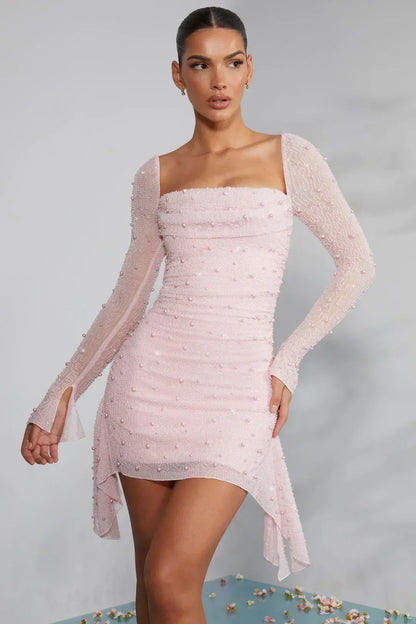 Women's Long Sleeve Mini Dress Decorated Collar