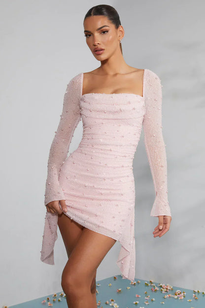 Women's Long Sleeve Mini Dress Decorated Collar