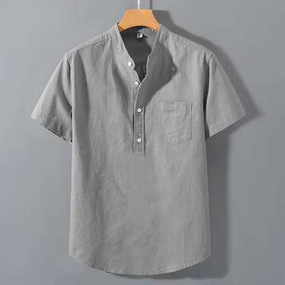Men's Henley Shirt Stand Collar Cotton Summer White