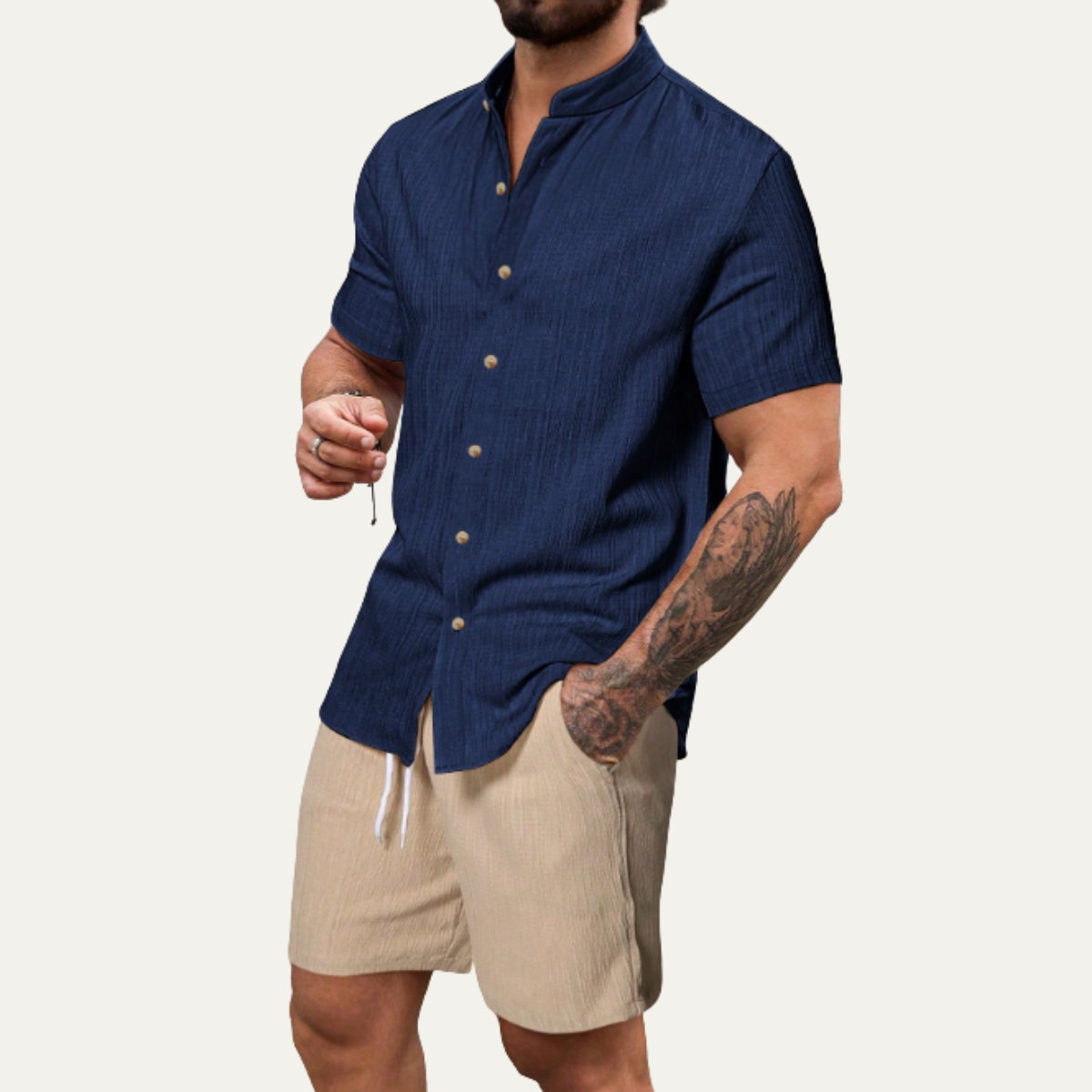 Men's Button Up Shirt And Shorts Set Cotton