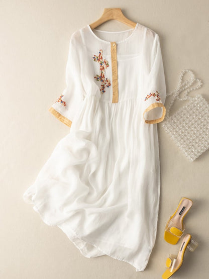 Women's Embroidered Midi Dress Cotton Half Sleeves Contrast Trim