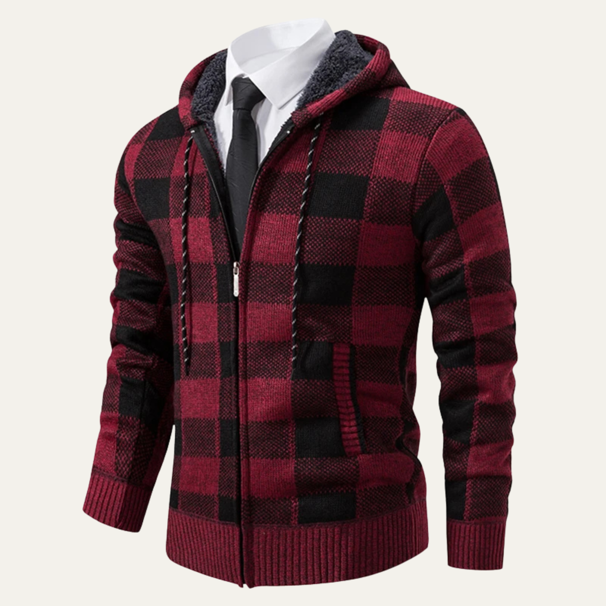 Men's Plaid Knit Hooded Jacket Zip Up