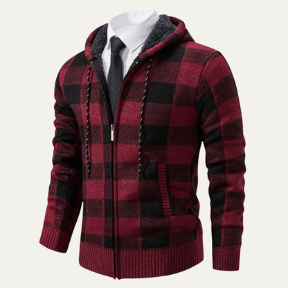Men's Plaid Knit Hooded Jacket Zip Up