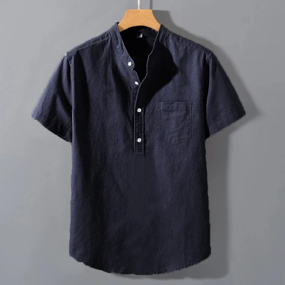 Men's Henley Shirt Stand Collar Cotton Summer White