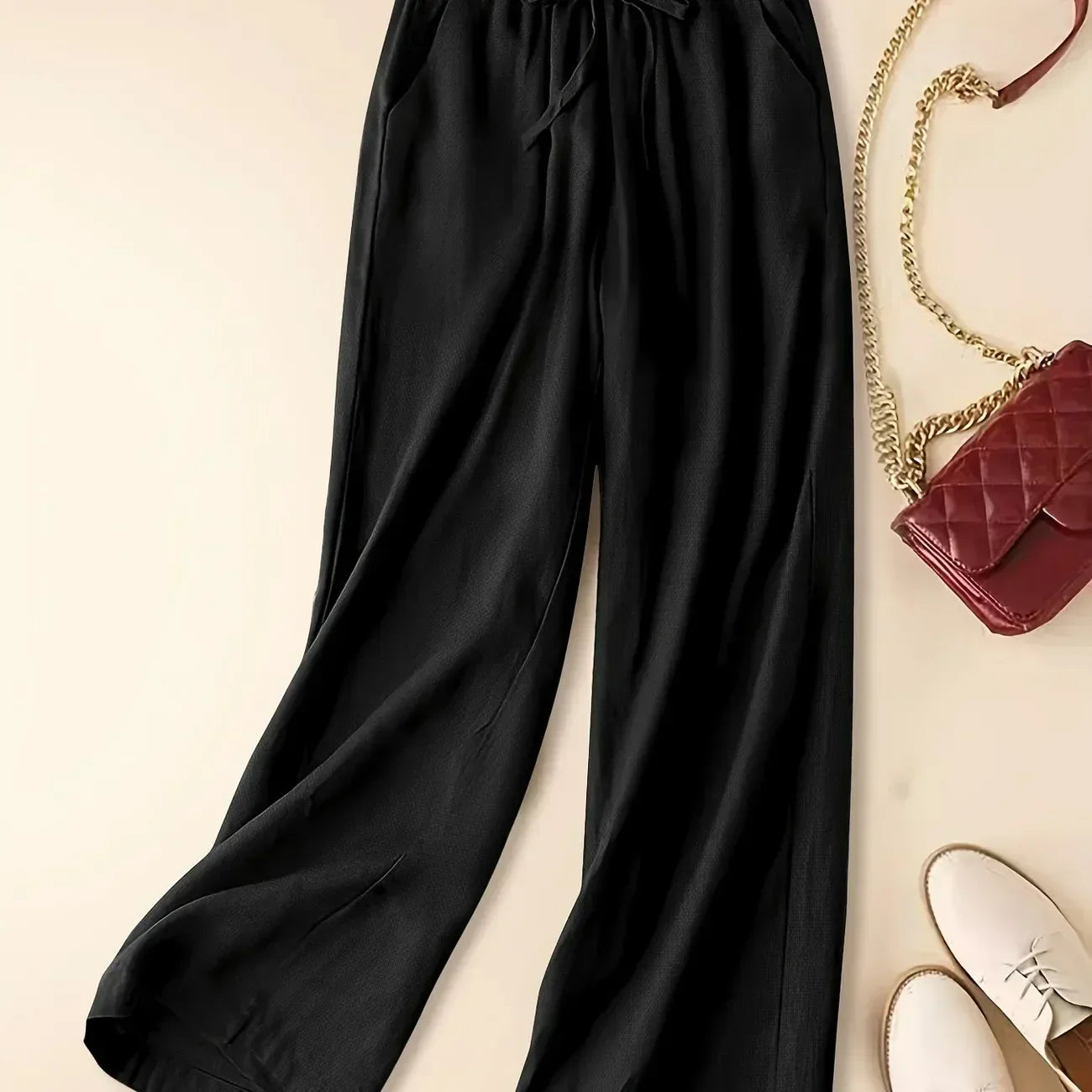 Women's Wide Leg Drawstring Pants Elastic Waist Side Pockets