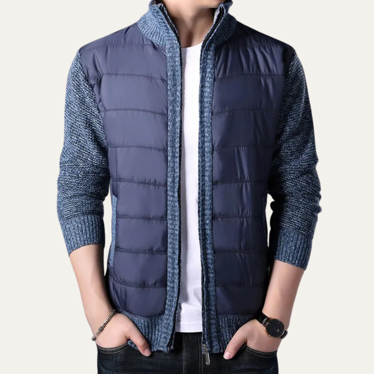 Men's Winter Puffer Jacket Knit Sleeve Zip Up