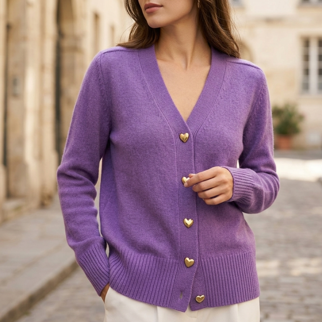 Women’s Knit Cardigan Gold Heart Button V-Neck Sweater