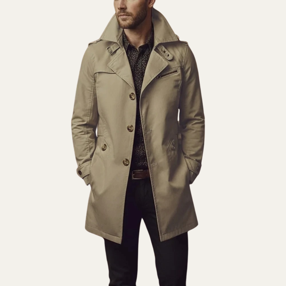 Men's Slim Fit Trench Coat Single Breasted Wool Black