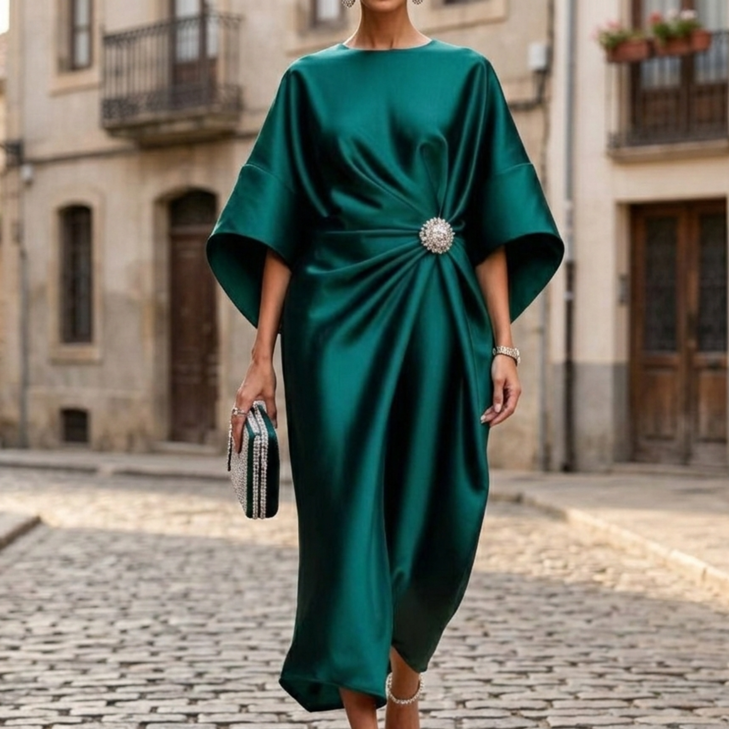 Evening Dress Women Satin Midi Cape Sleeve