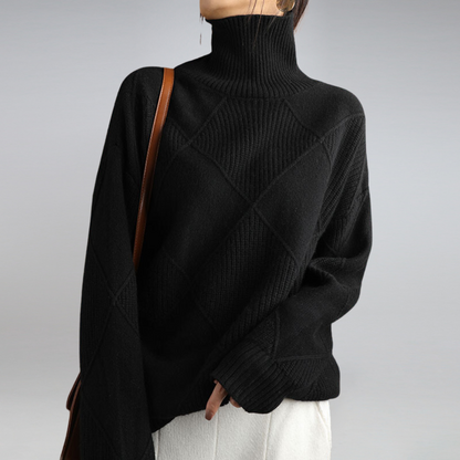 Women's Turtleneck Sweater Diamond Knit Ribbed Cuffs