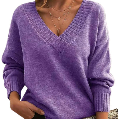 Women's Textured Knit Sweater Relaxed Fit V-Neck