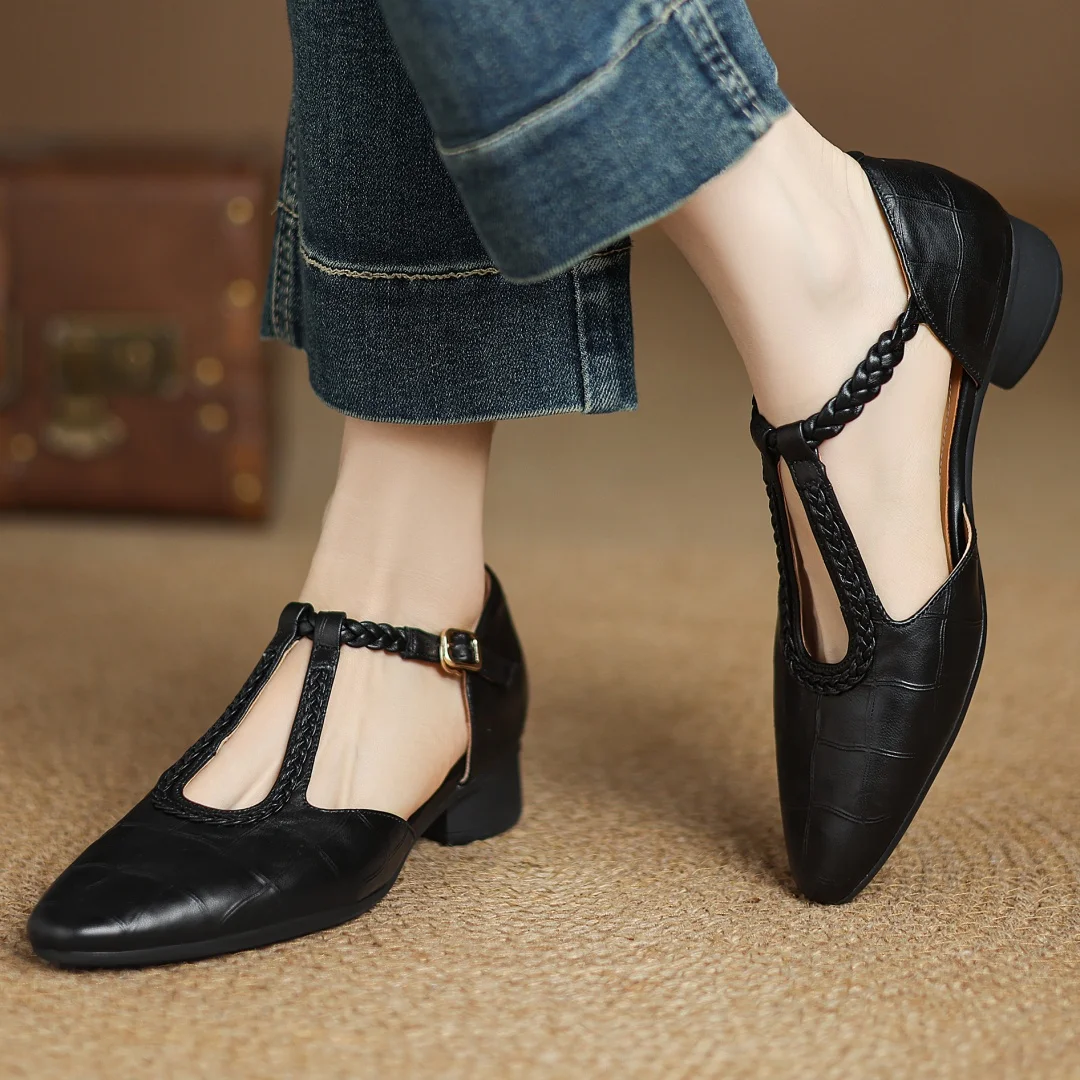 Women's Leather Mary Jane Flats Pointed Toe Black
