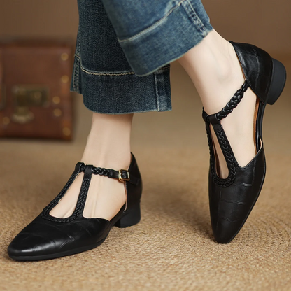 Women's Leather Mary Jane Flats Pointed Toe Black
