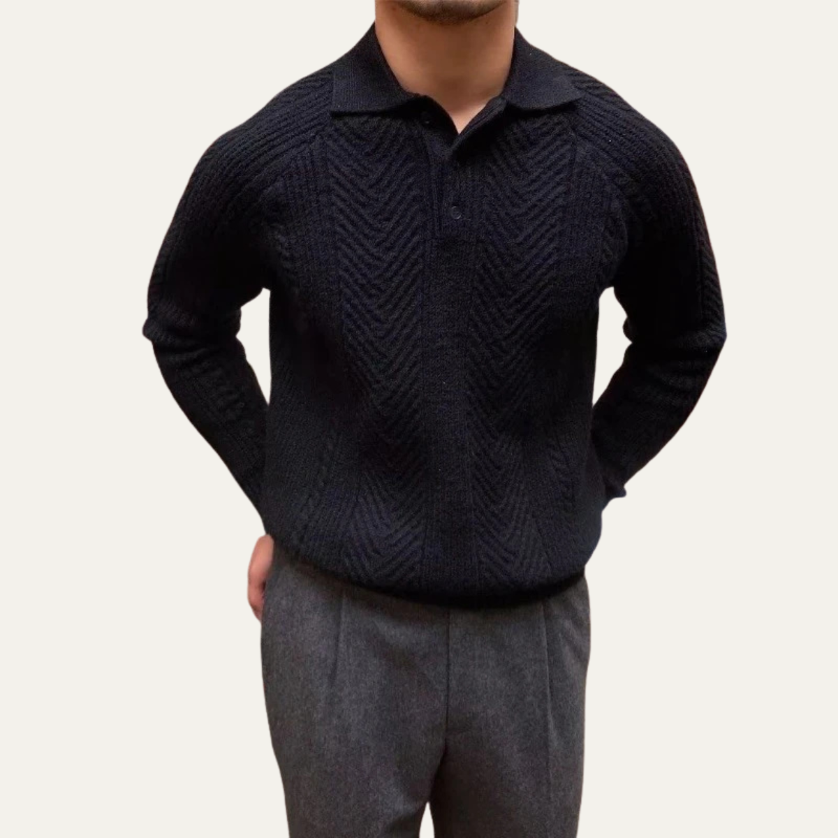 Men's Textured Knit Sweater Turn Down Collar