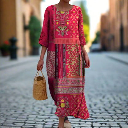 Women's Printed Maxi Dress Round Neck Three-Quarter Sleeves