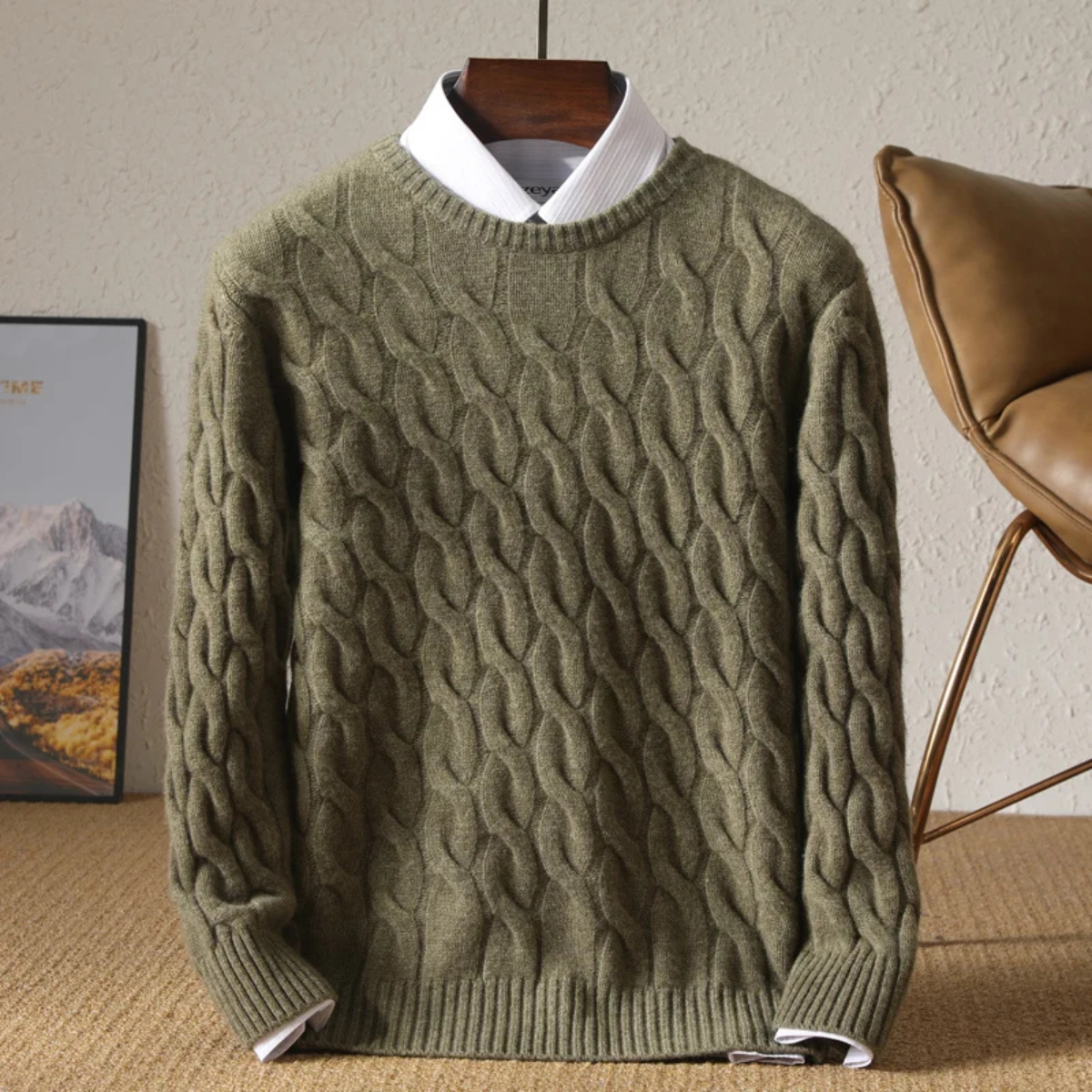 Men's Cable Knit Crewneck Sweater Warm Winter
