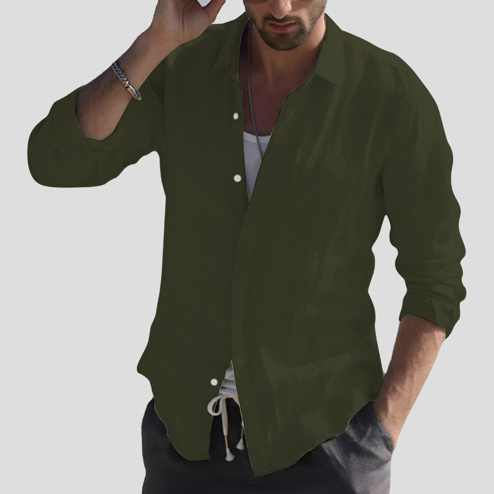 Linen Shirt Turn-Down Collar Solid Color