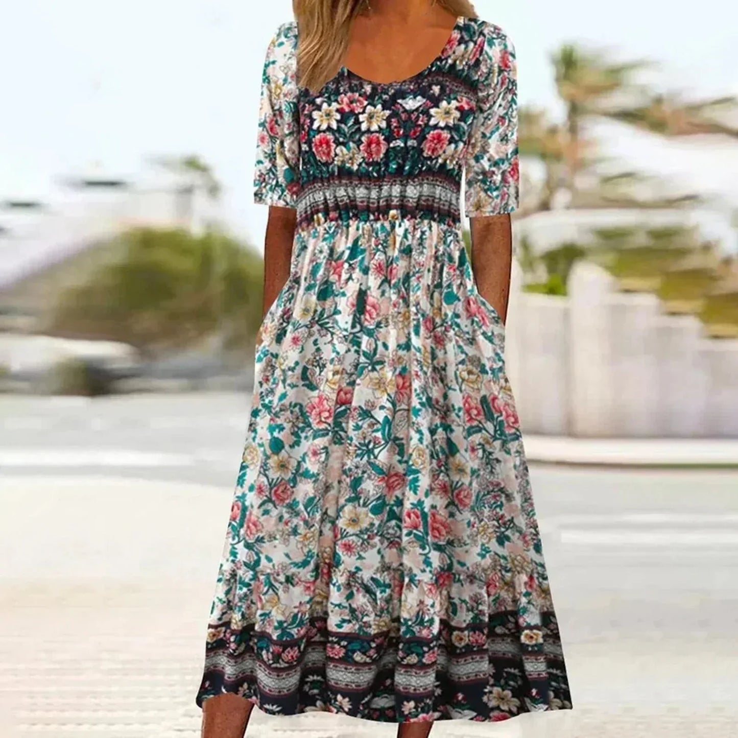 Women's Bohemian Printed Dress Round Neckline
