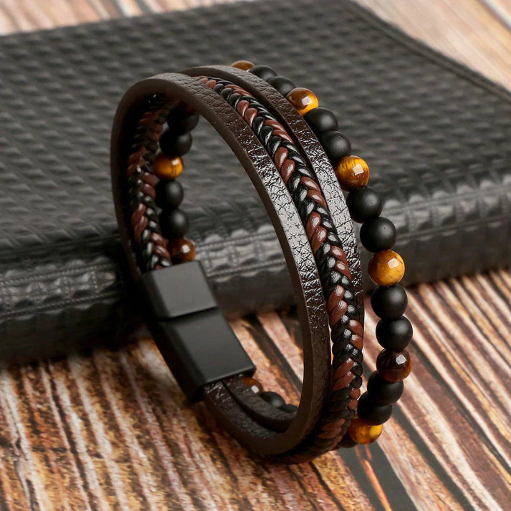 Men's Leather Stone Bead Bracelet - VibreMode
