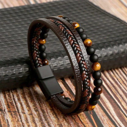 Men's Leather Stone Bead Bracelet - VibreMode