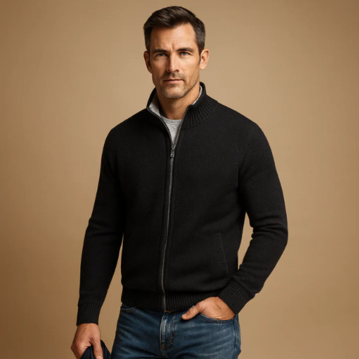 Men's Classic Knitted Cardigan Zip Front Stand Collar