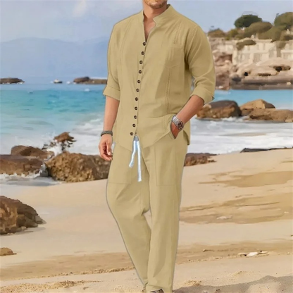 Men's Cotton Linen Two Piece Shirt Set