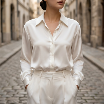 Women’s Satin Button Down Blouse Long Sleeve Silk Look Shirt