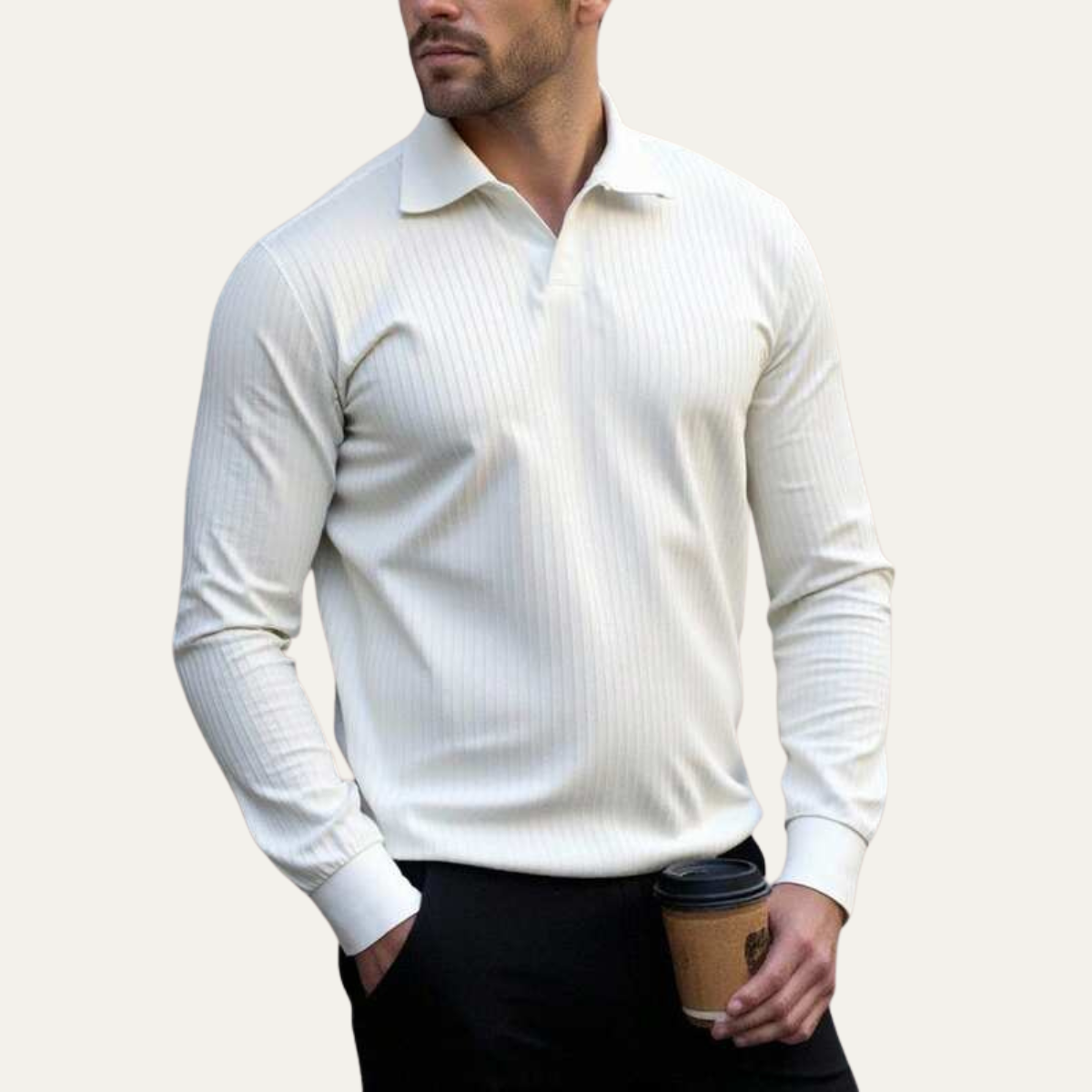 Men's Long Sleeve Polo Shirt Ribbed Knit