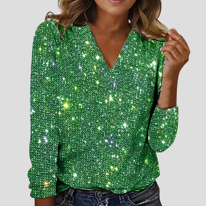 Women's Glitter V Neck Blouse Long Sleeves