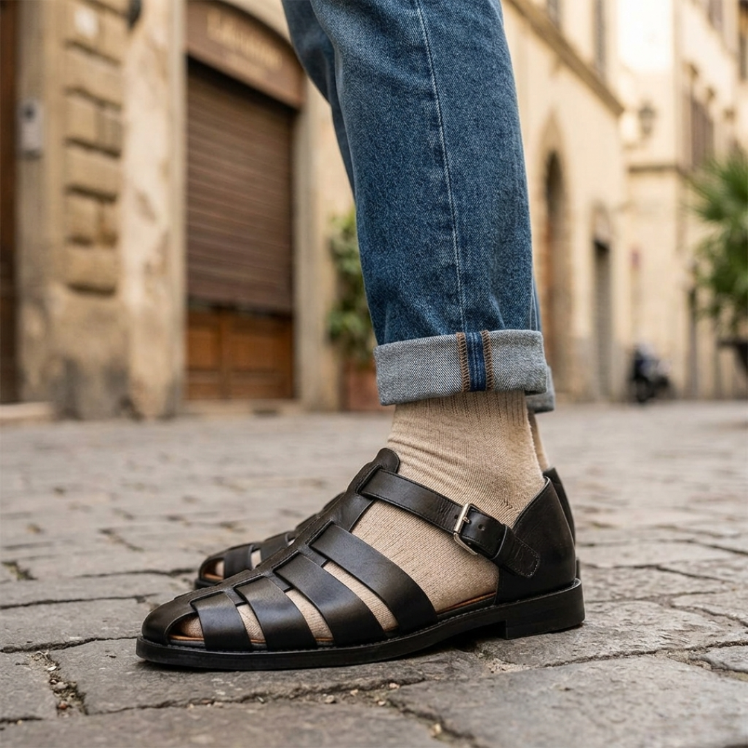 Men’s Leather Sandals Closed Toe Buckle Strap Summer Shoes