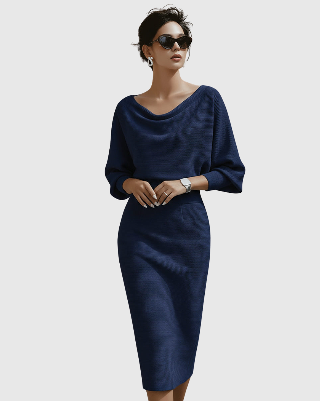 Women's Ribbed Cowl Neck Long Sleeve Midi Dress