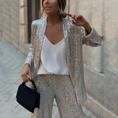 Women's Sequin Two-Piece High-Waisted Pants Set