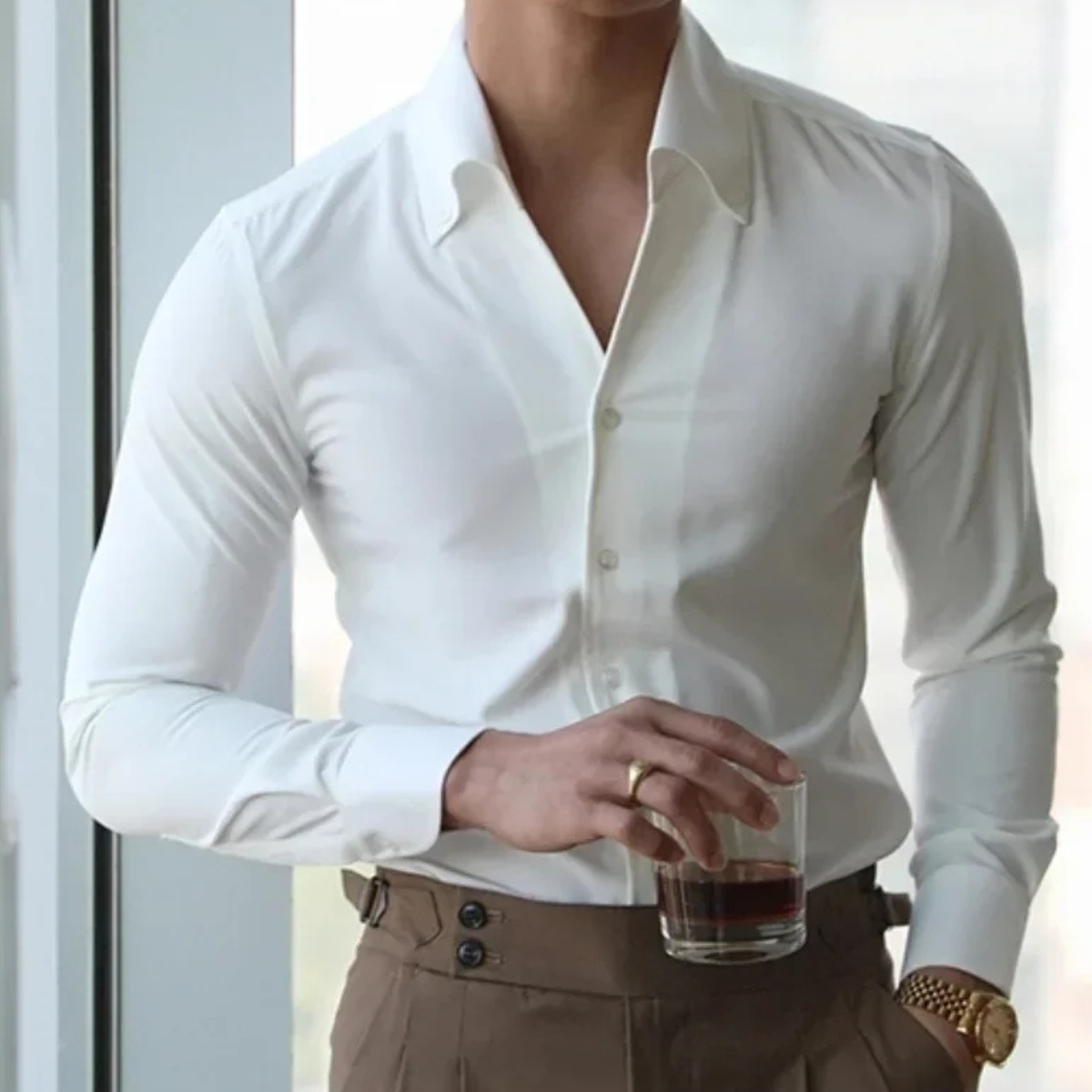 Men's Italian Collar Button Up Shirt White Cotton