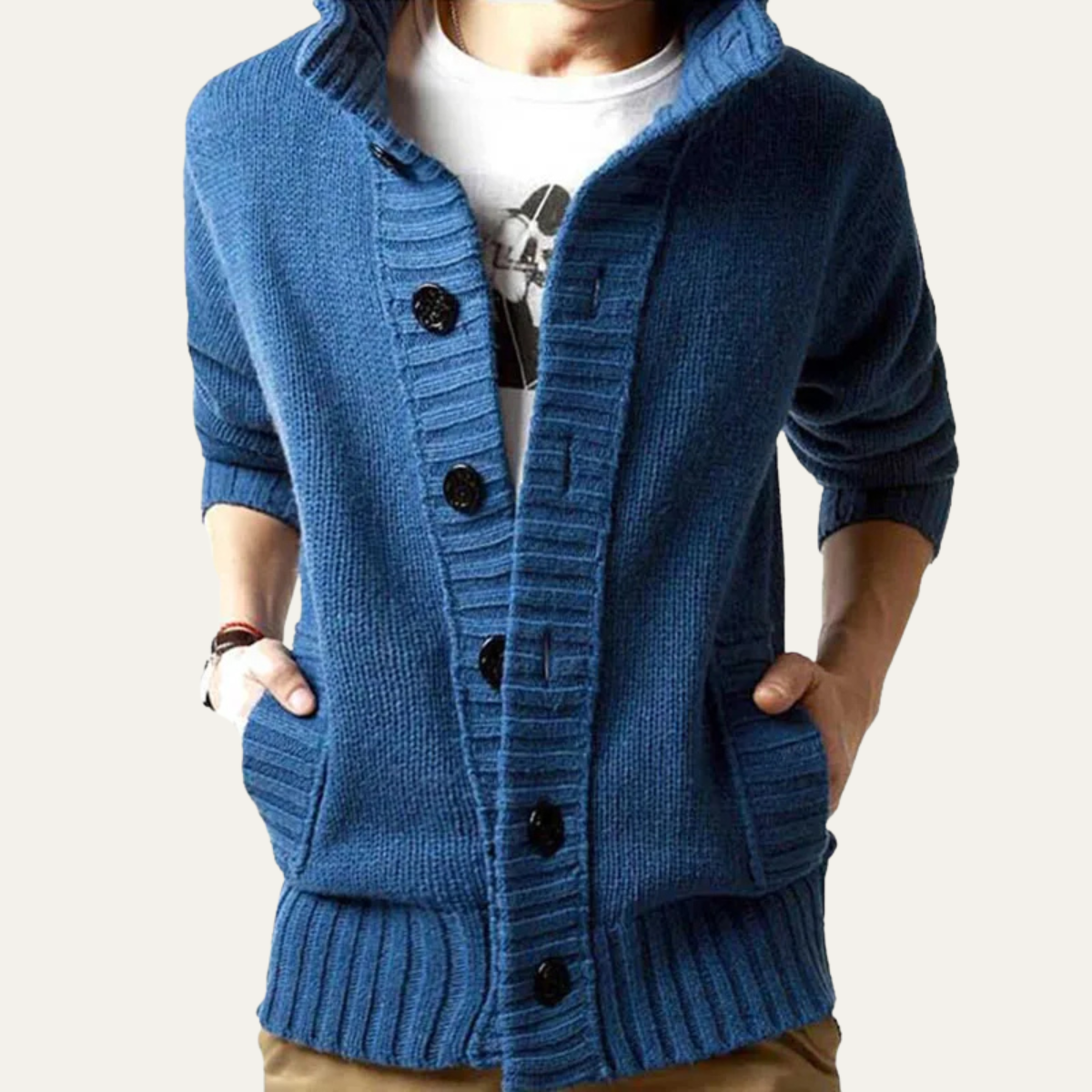 Men's Knit Cardigan Button Front Collar Winter Beige