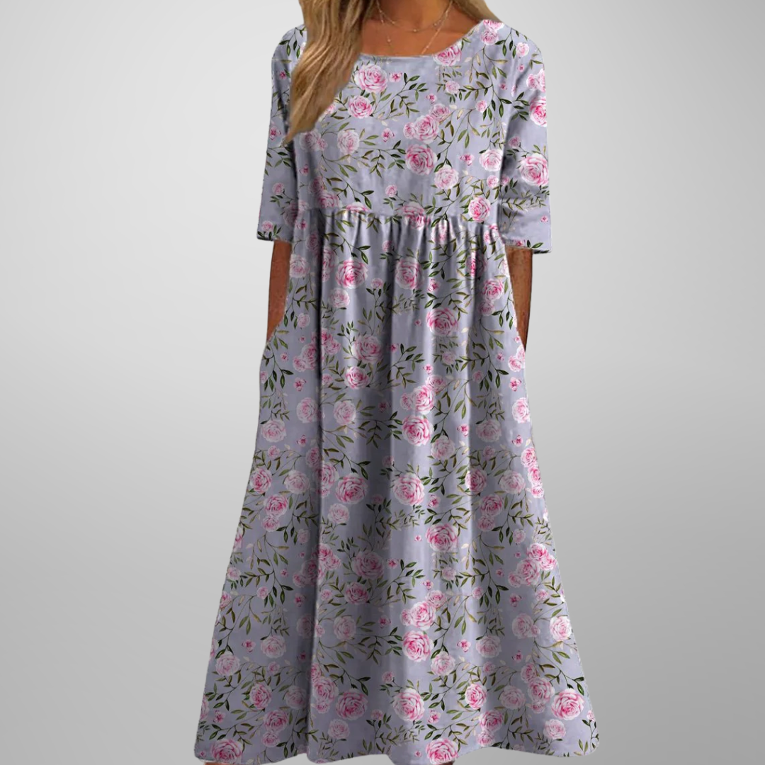 Women's Floral Maxi Dress Short Sleeves Gathered Waist
