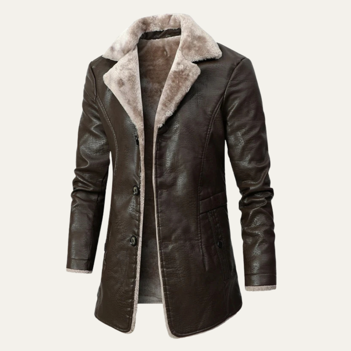 Men's Leather Winter Coat Fur Lined Long Black - VibreMode