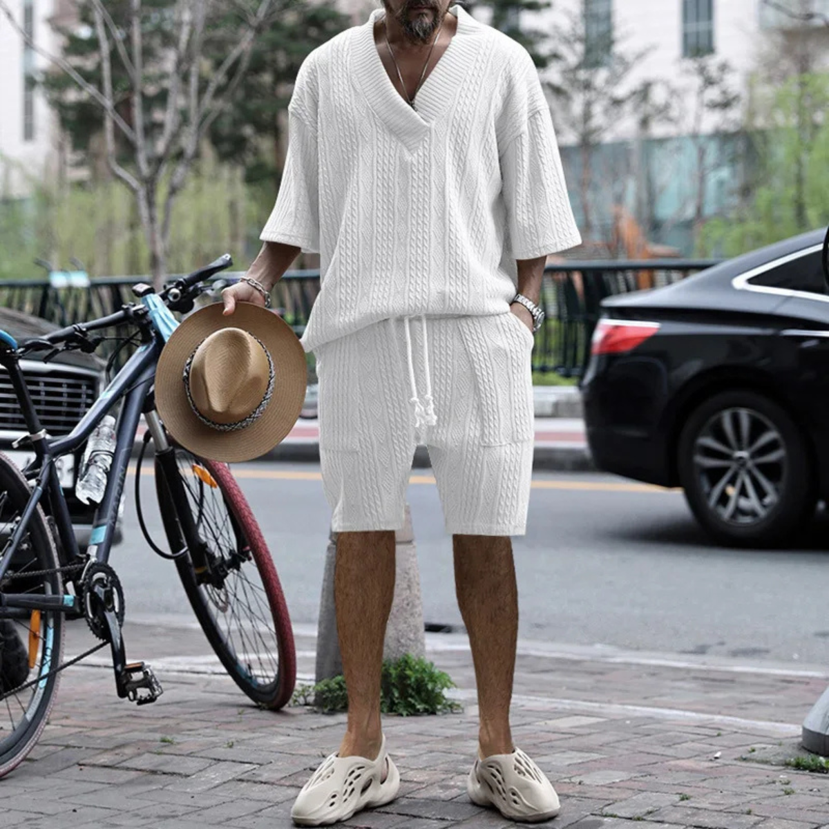 Men's Breathable Knitted Polo Shirt And Shorts Set