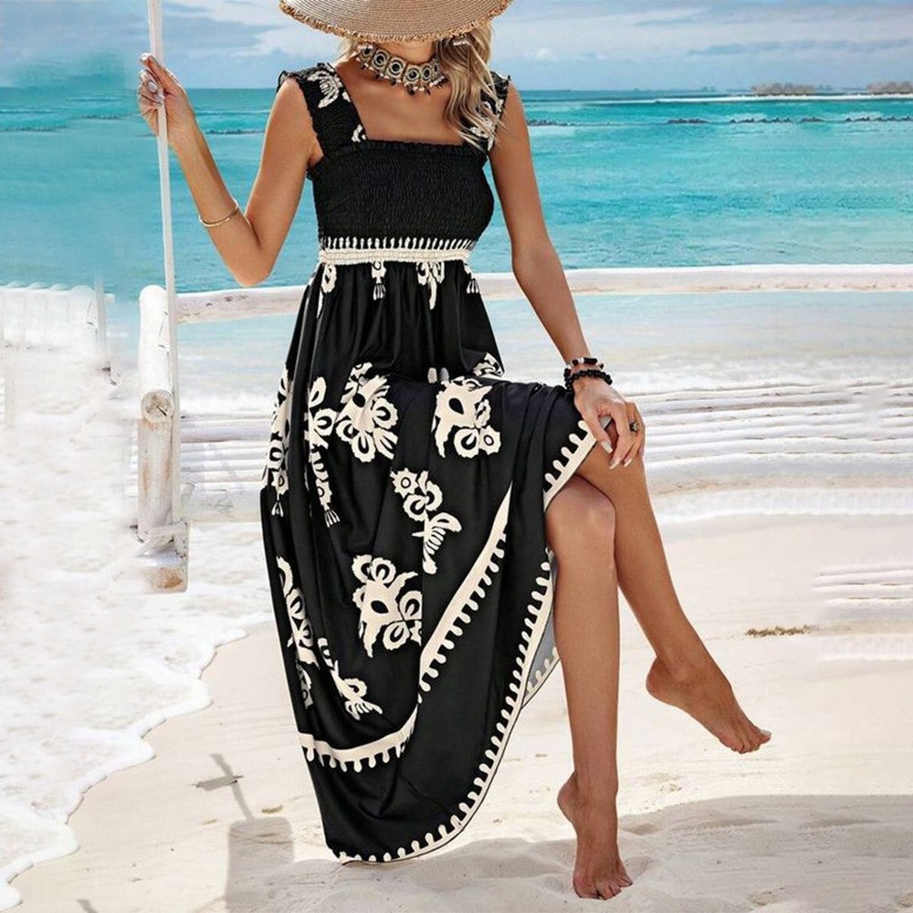 Women's Maxi Dress Printed Square Neck Smocked Bodice Ruffle Straps