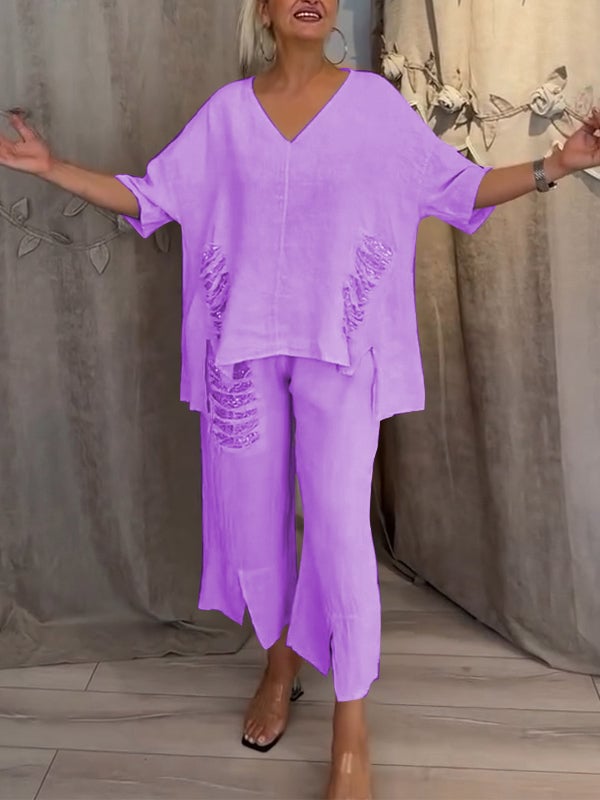 Relaxed Fit Women's 2 Piece V Neck Top and Pants