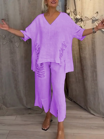 Relaxed Fit Women's 2 Piece V Neck Top and Pants