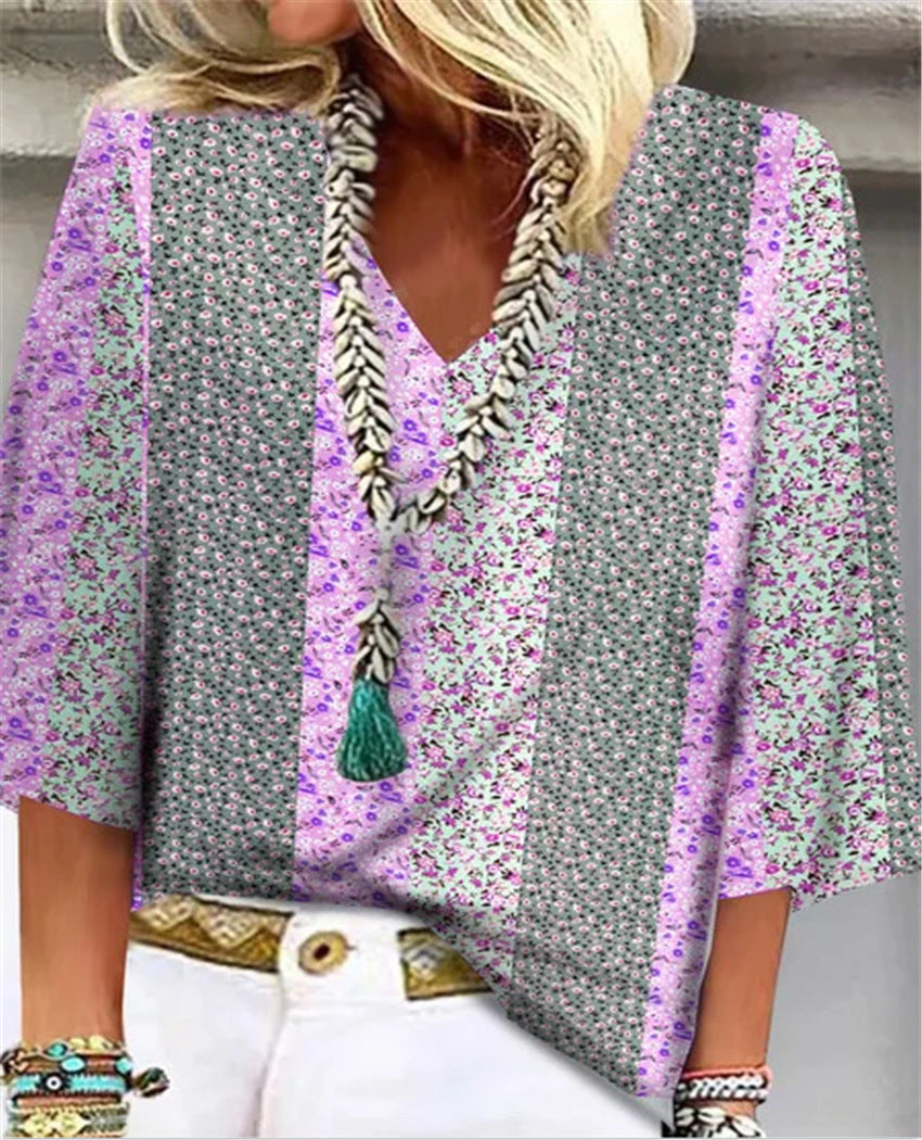 Colorful Floral Print V-Neck Blouse for Women