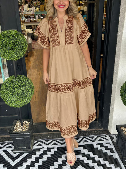 Women's Midi Dress Embroidered Notch Neck Short Sleeves