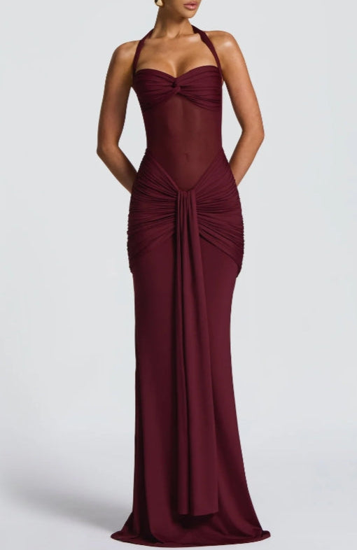 Semi Sheer Neckline Halter Dress