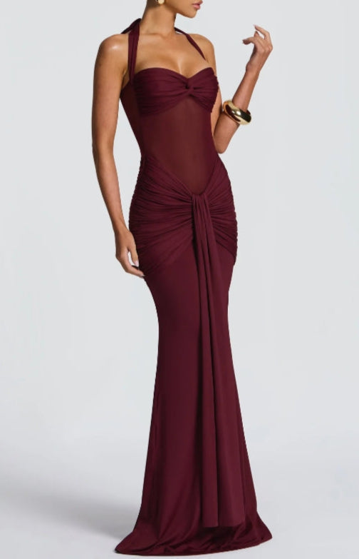 Semi Sheer Neckline Halter Dress