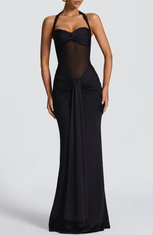 Semi Sheer Neckline Halter Dress