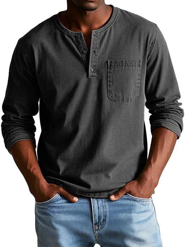 Men's Long Sleeve Henley Shirt Button Placket Chest Pocket