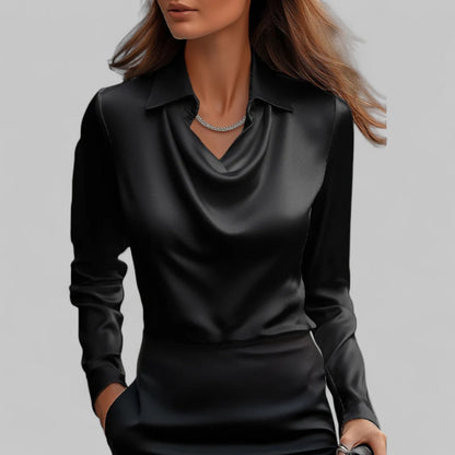 Women's Long Sleeve Satin Blouse Draped Neck