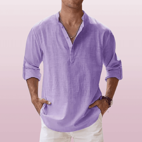 Men's Linen Blend Henley Shirt Long Sleeve Casual Beige