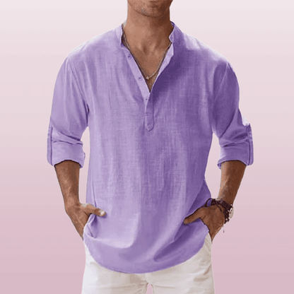 Men's Linen Blend Henley Shirt Long Sleeve Casual Beige
